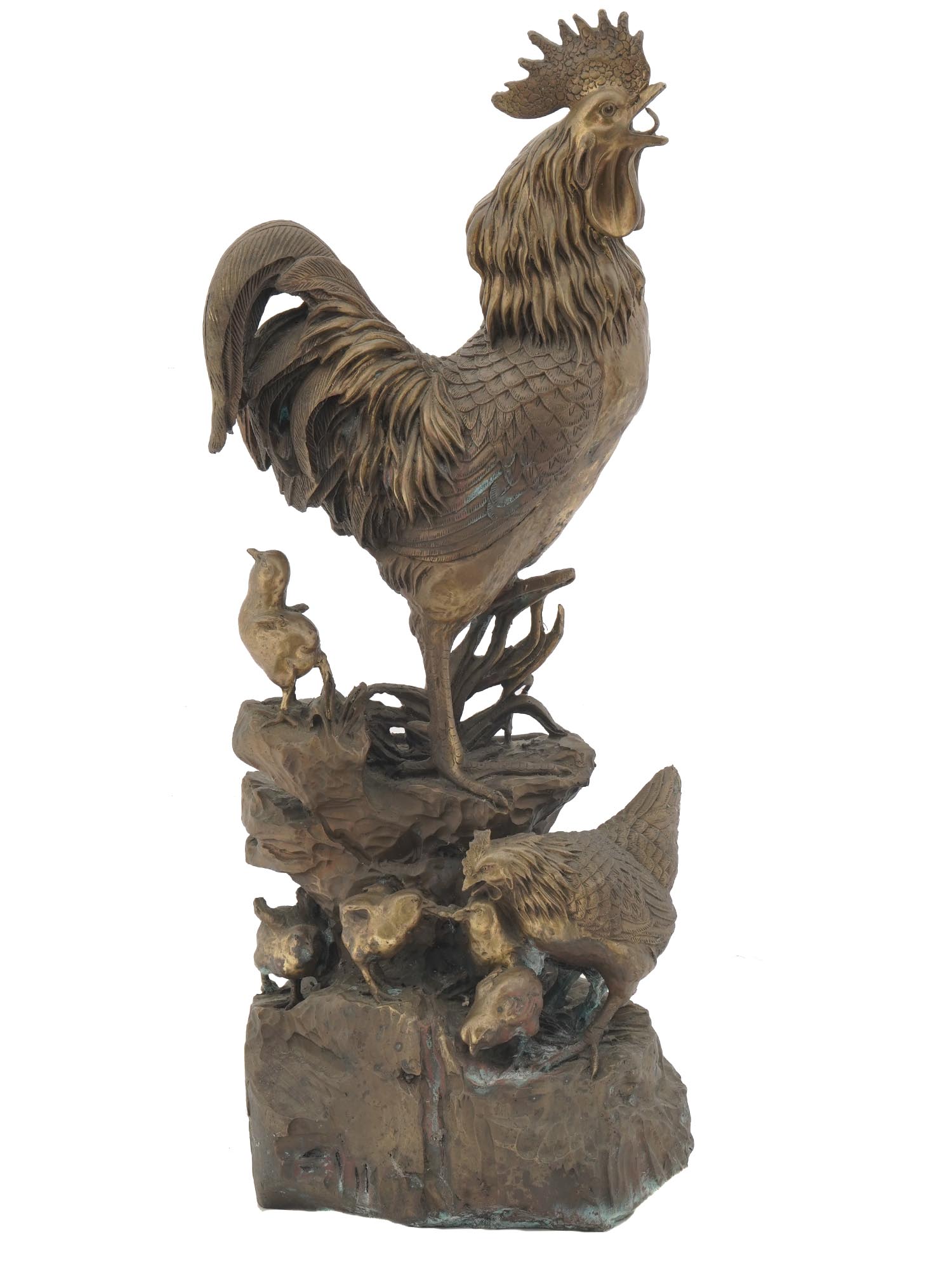 PATINATED BRASS SCULPTURE OF ROOSTER AND CHICKENS PIC-4